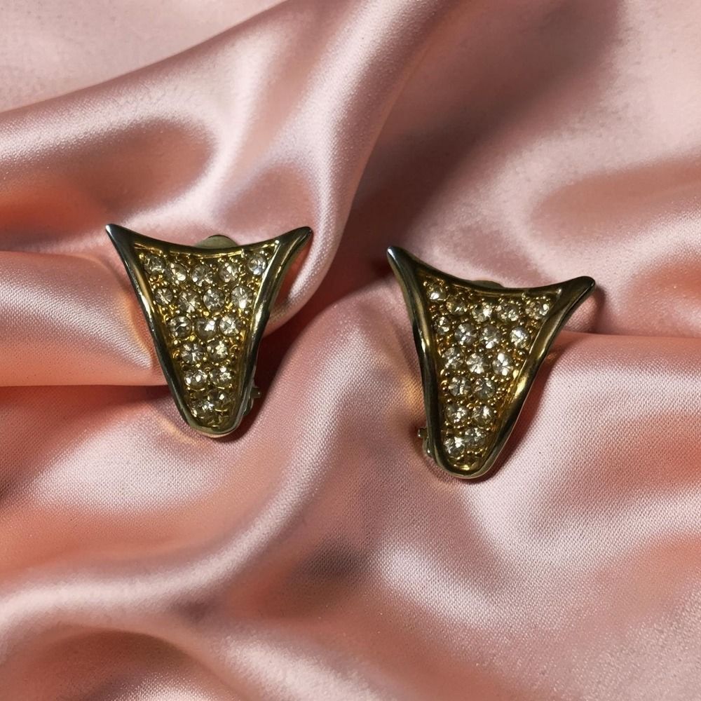 Vintage Gold Rhinestone Clip On Earrings, 80s Statement , Retro Glam Jewelry